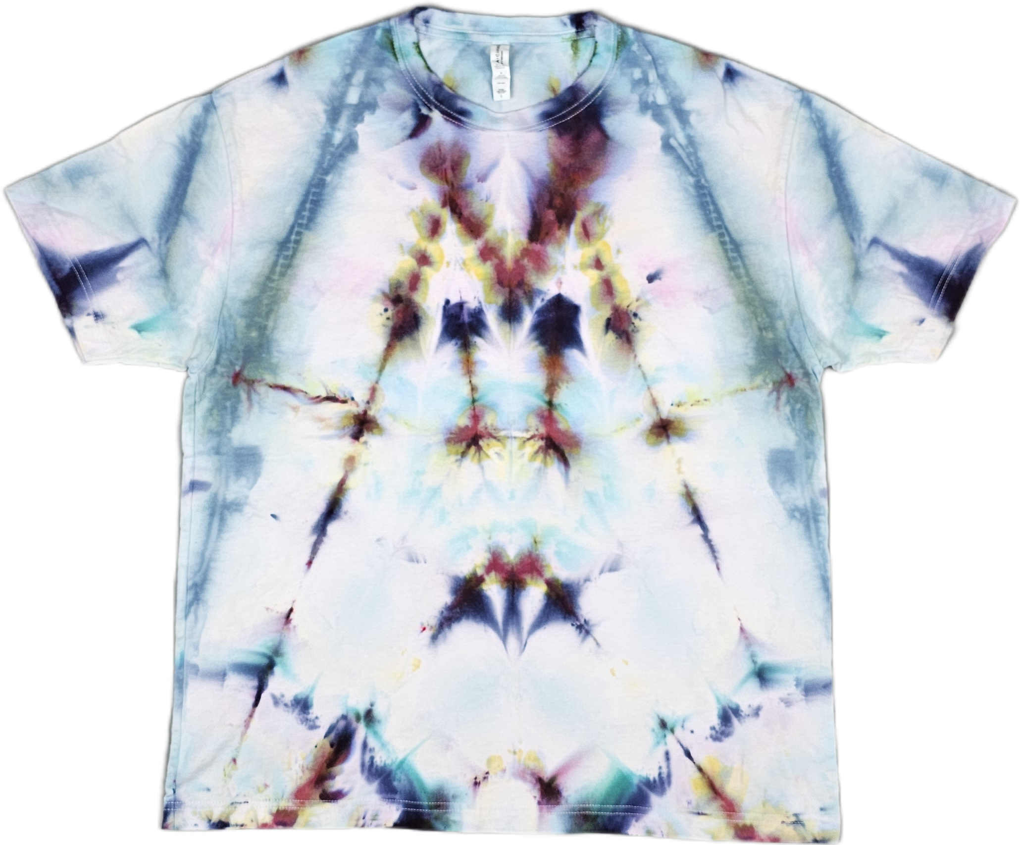 Bella + Canvas  Tie-dye t-shirt with a symmetrical multicolored pattern in shades of blue, purple, yellow, and black.