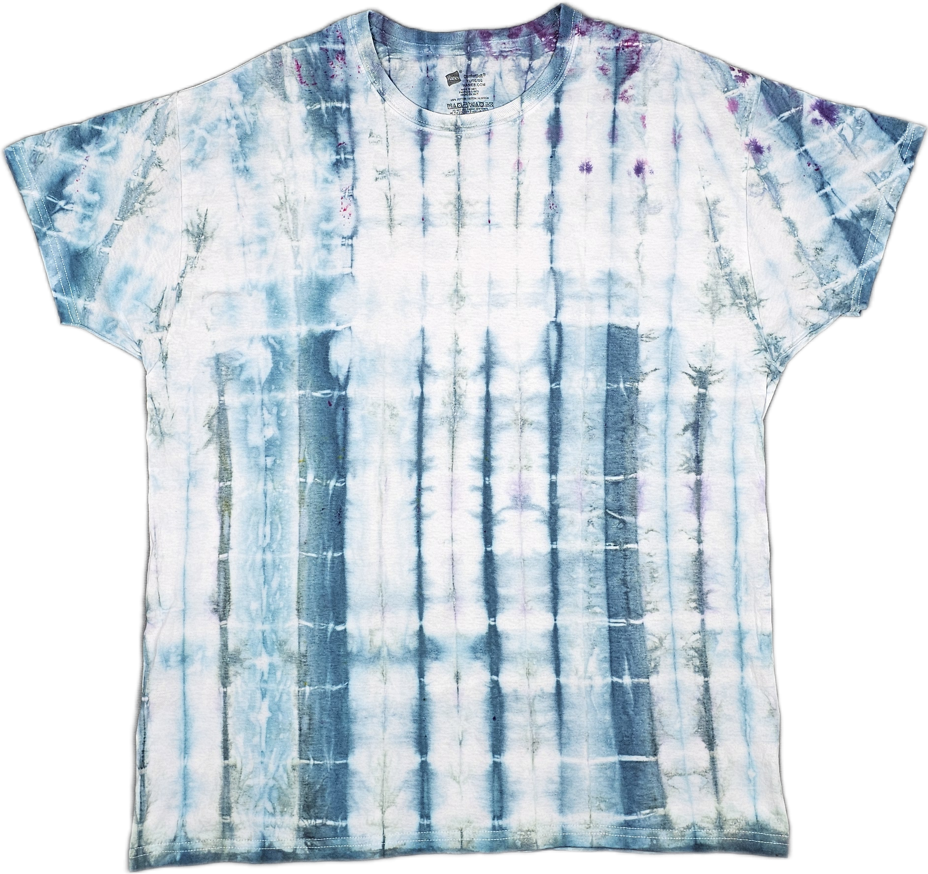 A tie-dye T-shirt with a pattern of vertical stripes in various shades of blue, white, and hints of purple, featuring a rounded neckline and short sleeves.