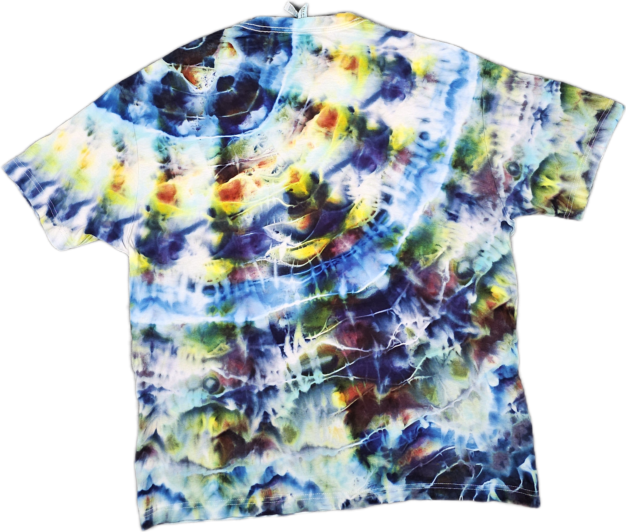 Colorful Bella + Canvas  tie-dye fabric with shades of blue, yellow, green, and red, resembling swirling patterns.