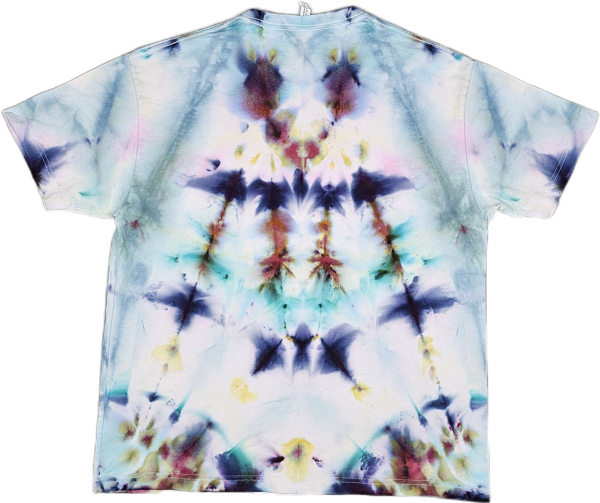 A Bella + Canvas  tie-dye T-shirt with a symmetrical, abstract design in shades of blue, purple, pink, yellow, and black.