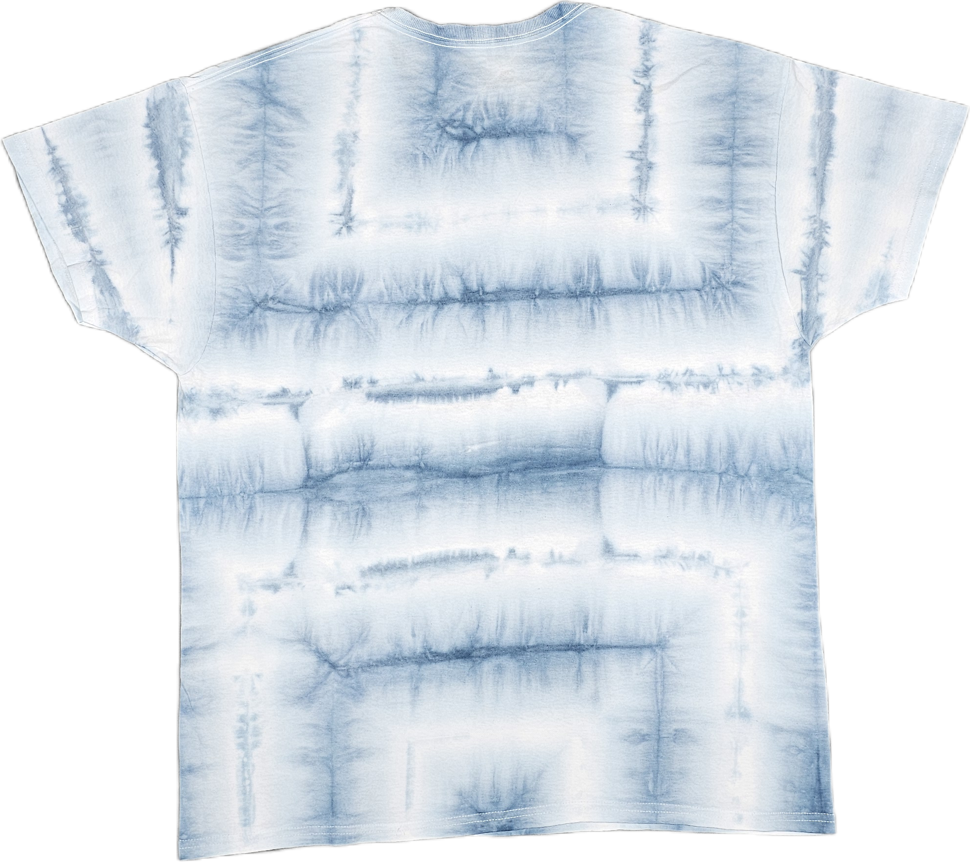 A tie-dye t-shirt with a light blue and white pattern, featuring horizontal streaks and cloud-like shapes.