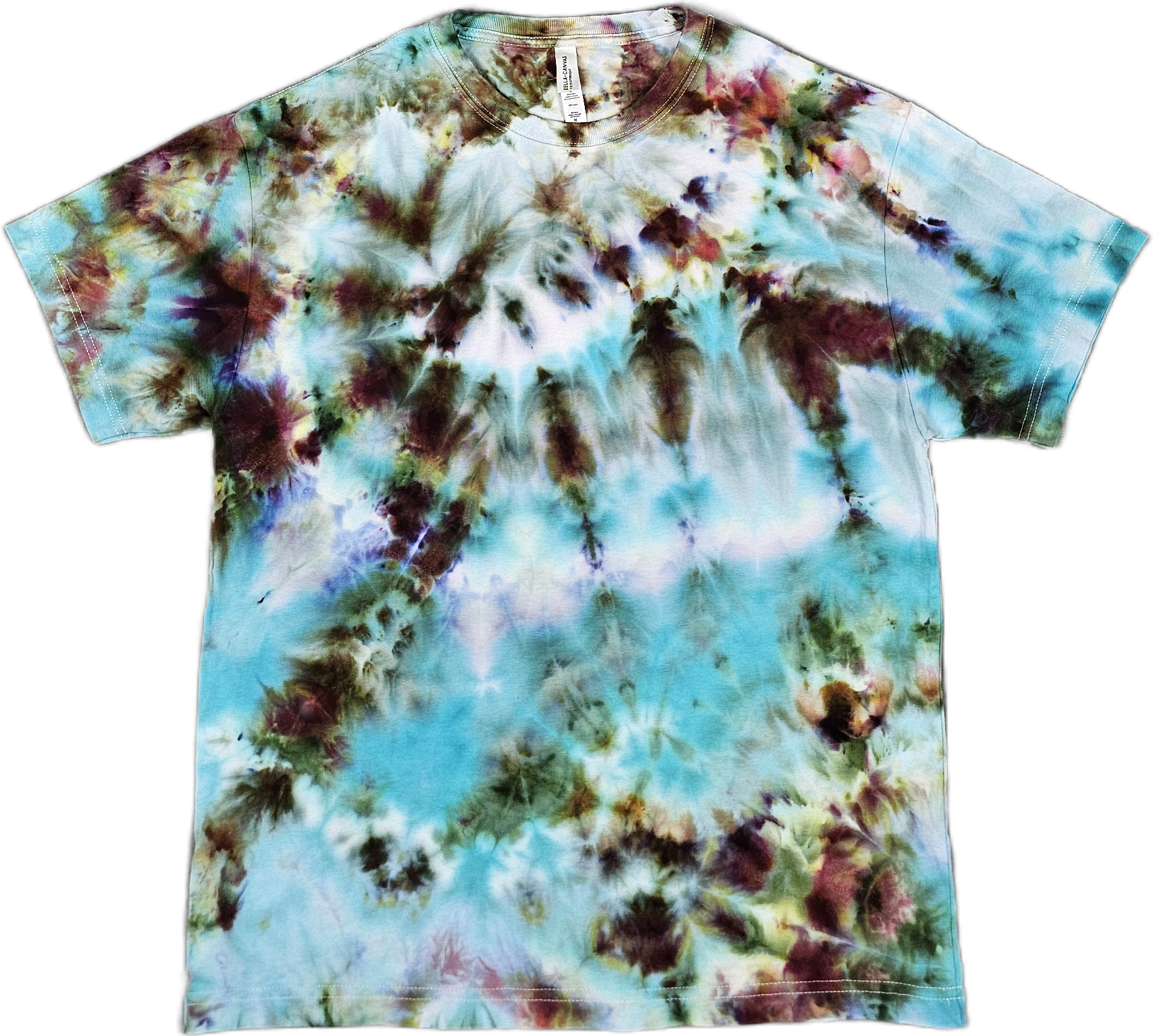 A Bella + Canvas  short-sleeved tie-dye T-shirt with an abstract, multicolored pattern featuring shades of blue, green, red, purple, and brown.
