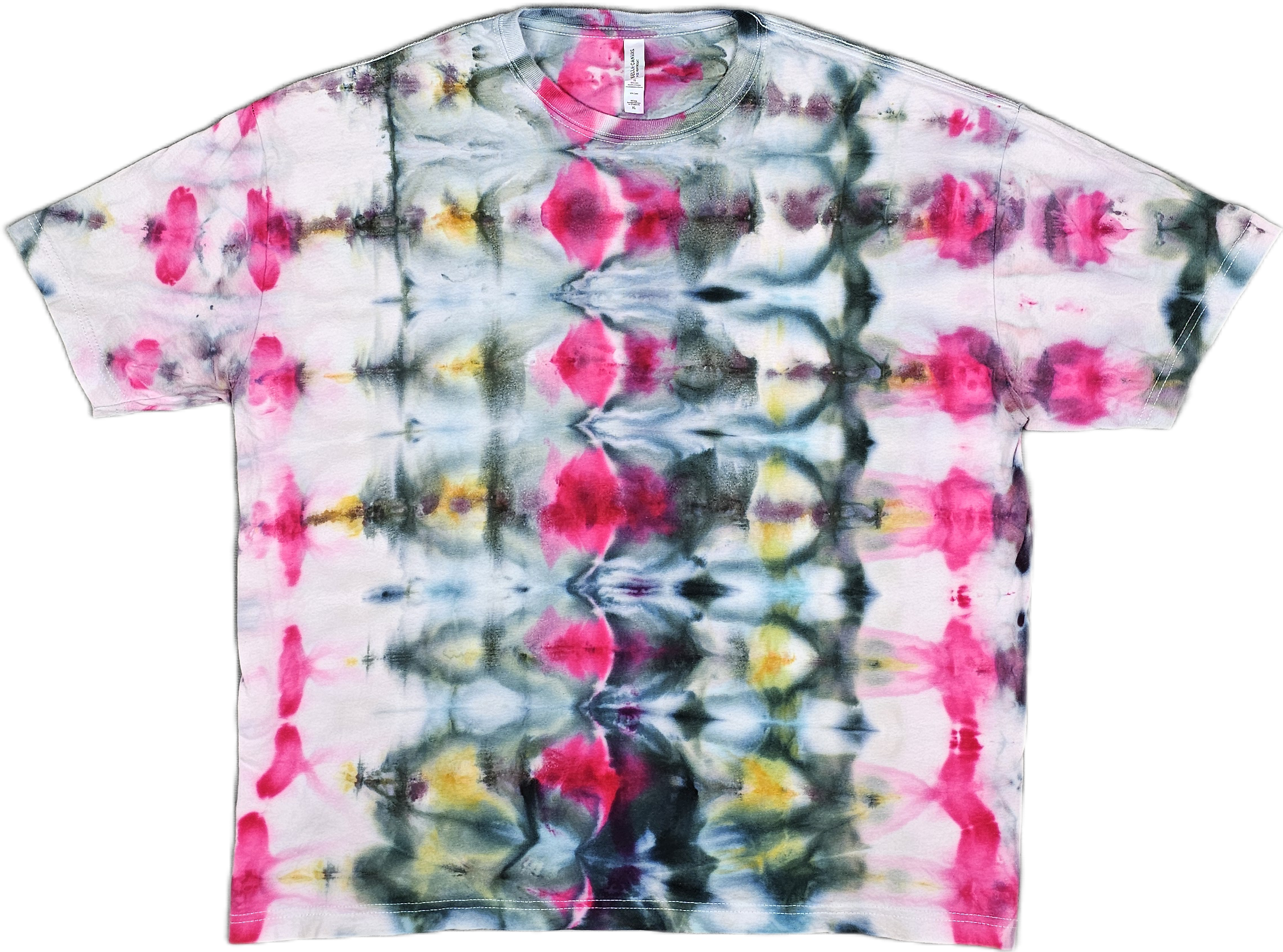 A Bella + Canvas  tie-dye t-shirt with pink, black, yellow, and gray patterns on a white background.