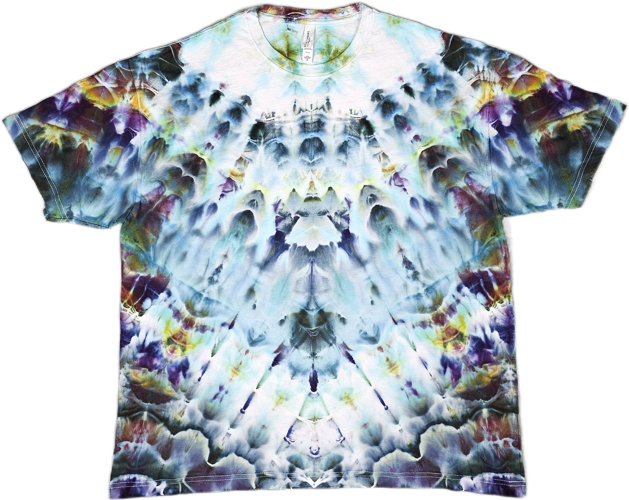 A Bella + Canvas  tie-dye T-shirt with a symmetrical, colorful pattern featuring shades of blue, purple, yellow, and black.