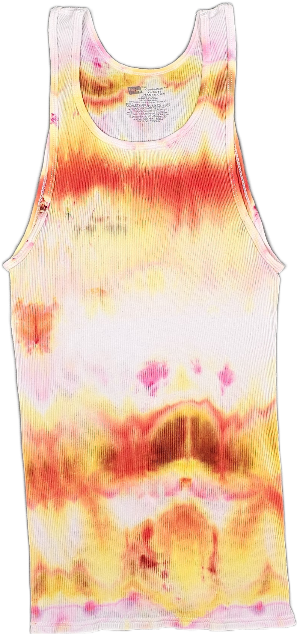 Colorful tie-dye tank top with shades of pink, orange, yellow, and red.