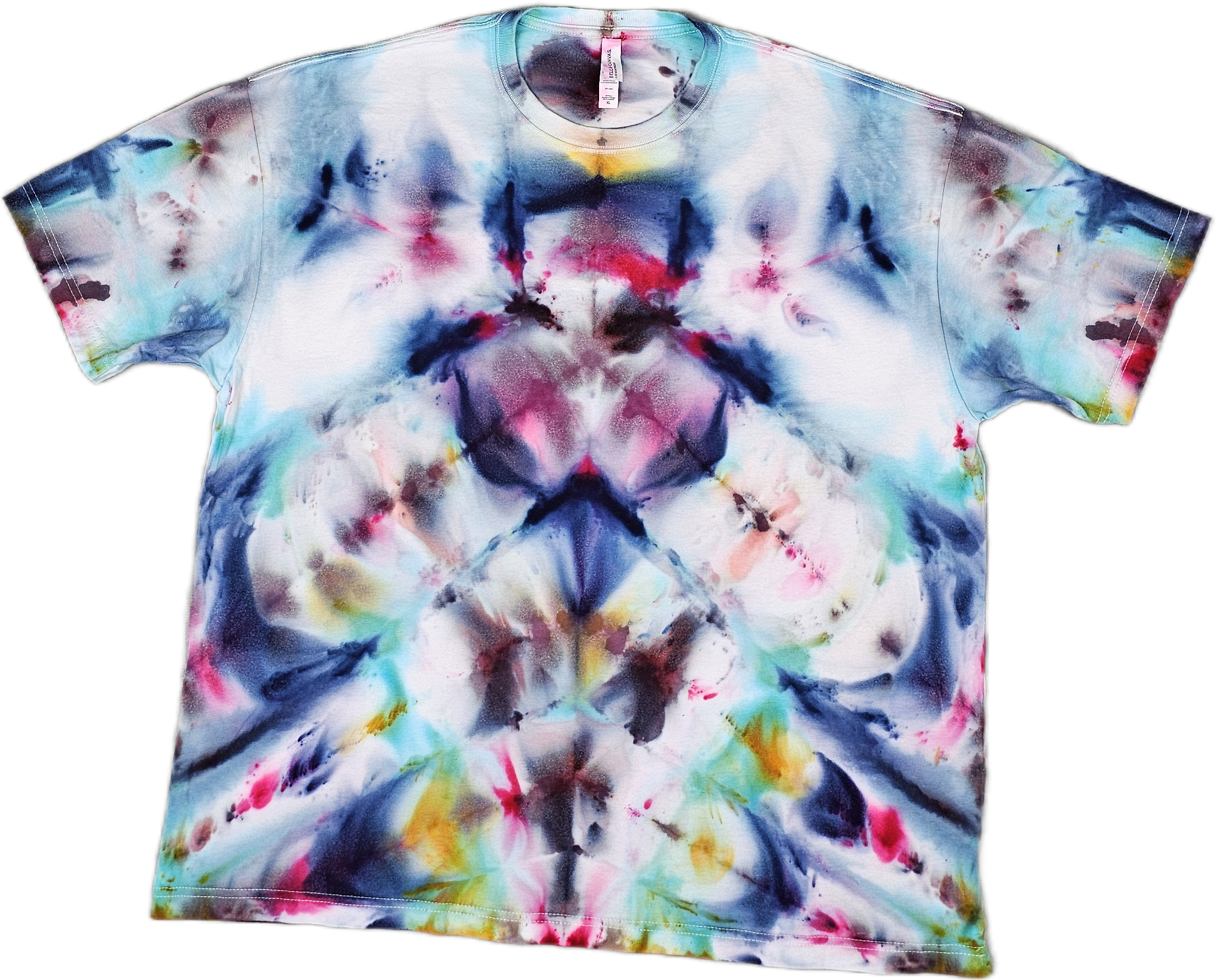 A Bella + Canvas  tie-dye T-shirt with multicolored abstract patterns in blue, pink, yellow, black, and green.