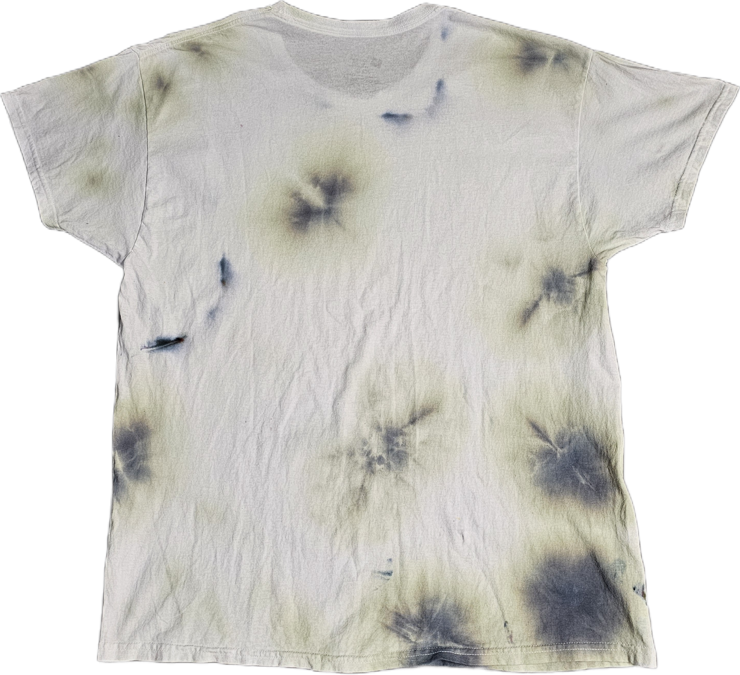 White T-shirt with banana like yellow black, blue, and gray stains.
