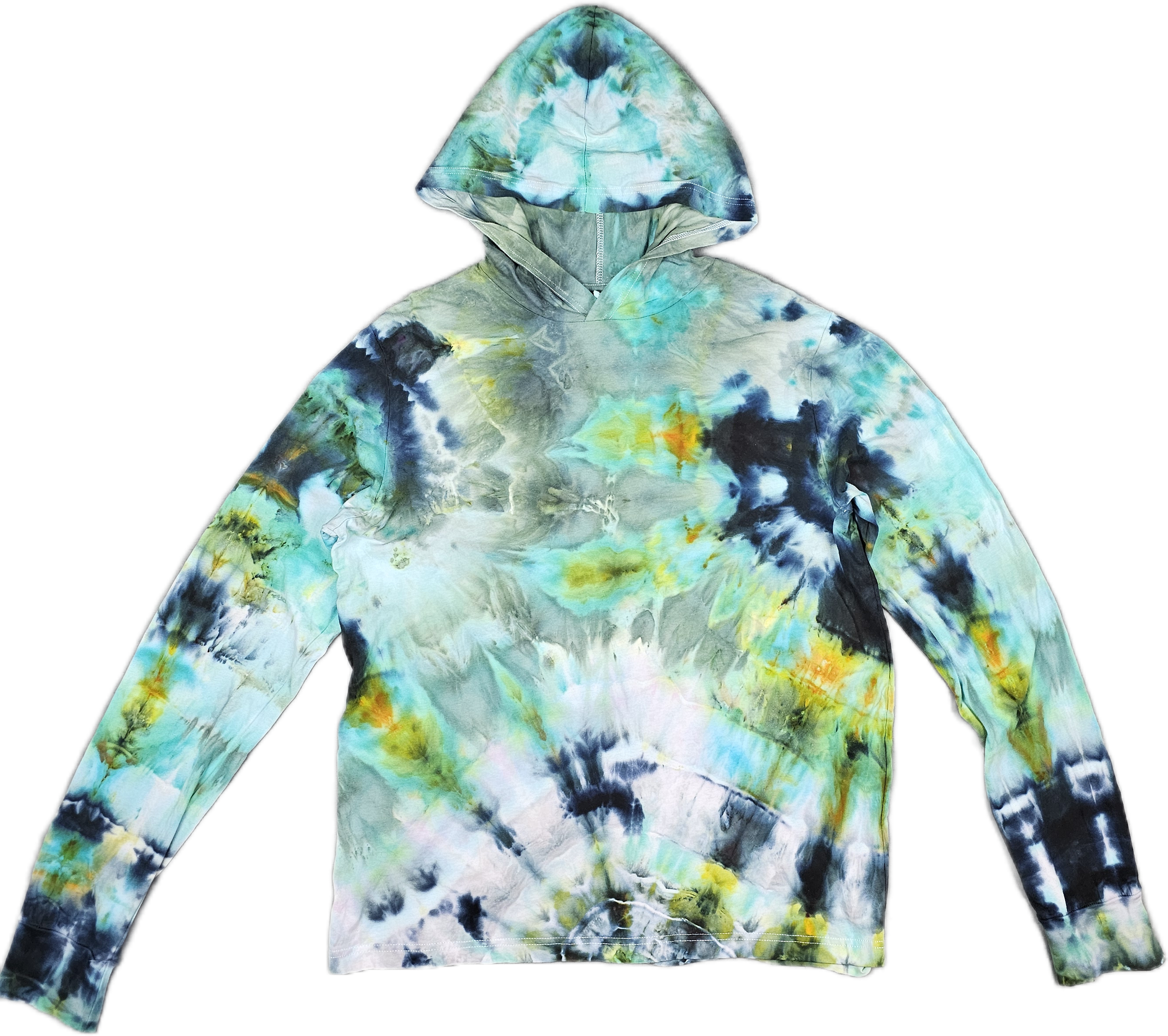 A colorful tie-dye hoodie with shades of blue, green, yellow, and black, featuring a front pocket and a zipper.