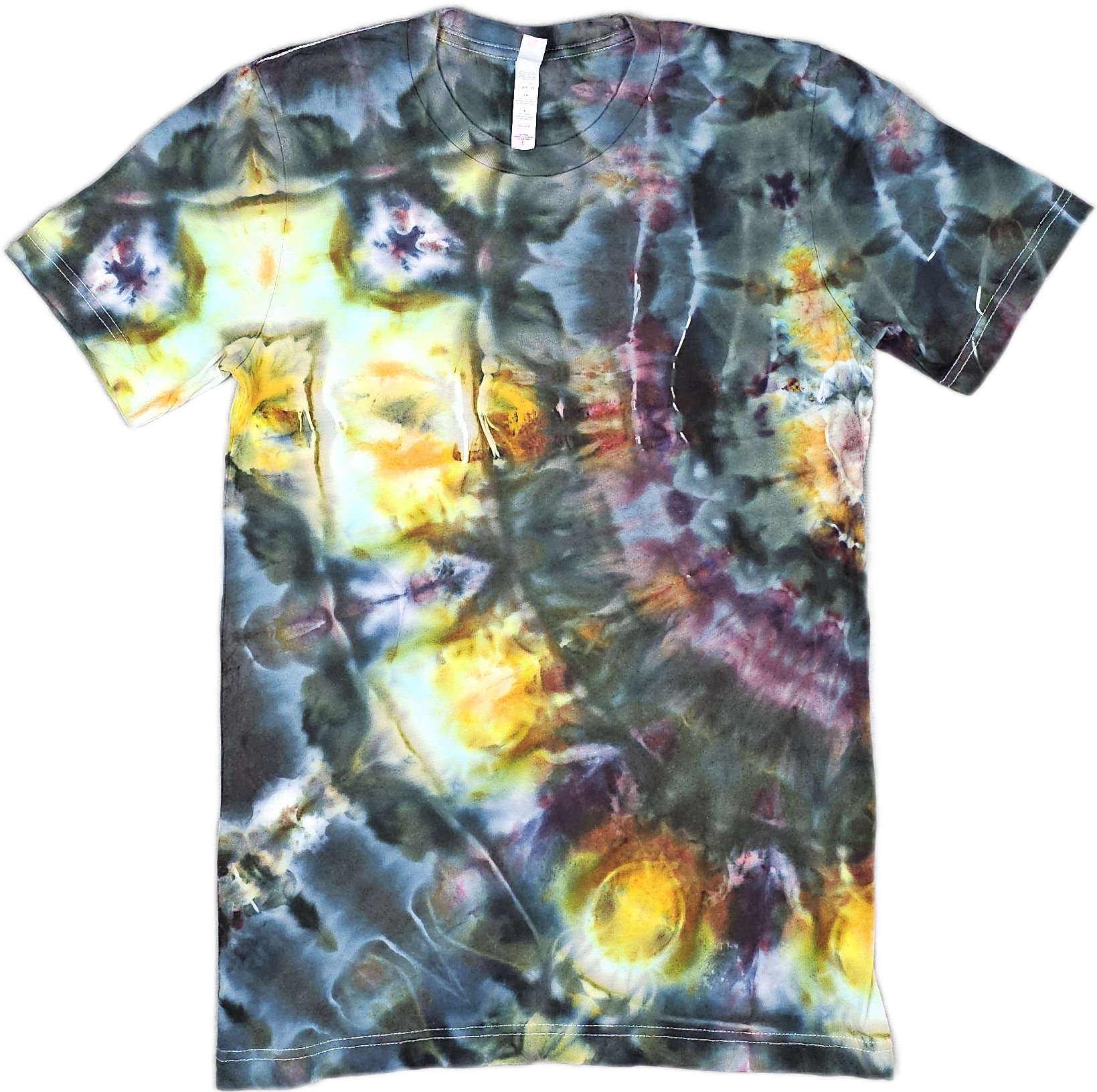 Bella + Canvas  Tie-dye T-shirt with swirling patterns of yellow, orange, purple, blue, and black colors.