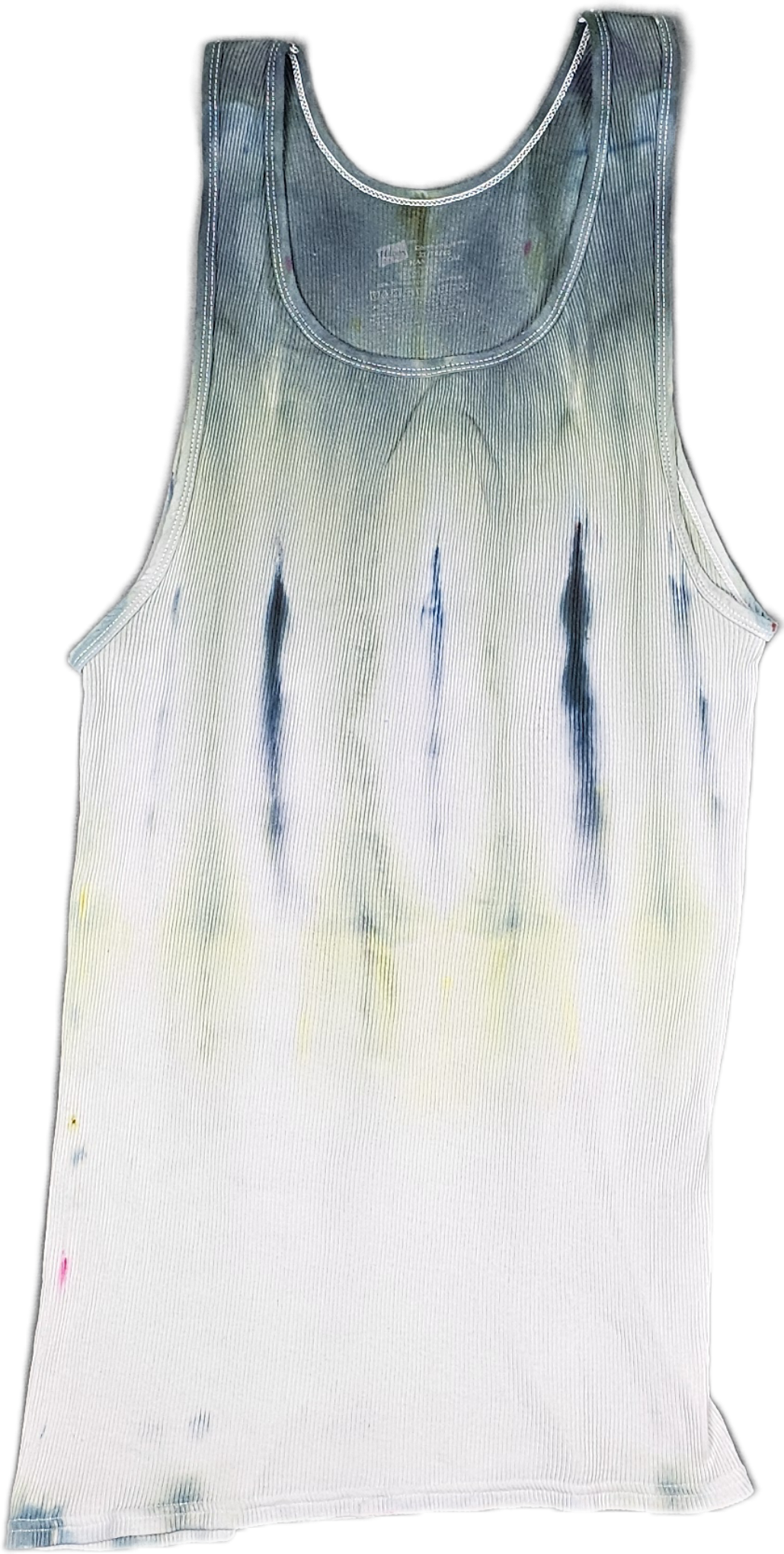 A sleeveless, cream-colored ribbed tank top with blue and pink paint splatters and streaks.