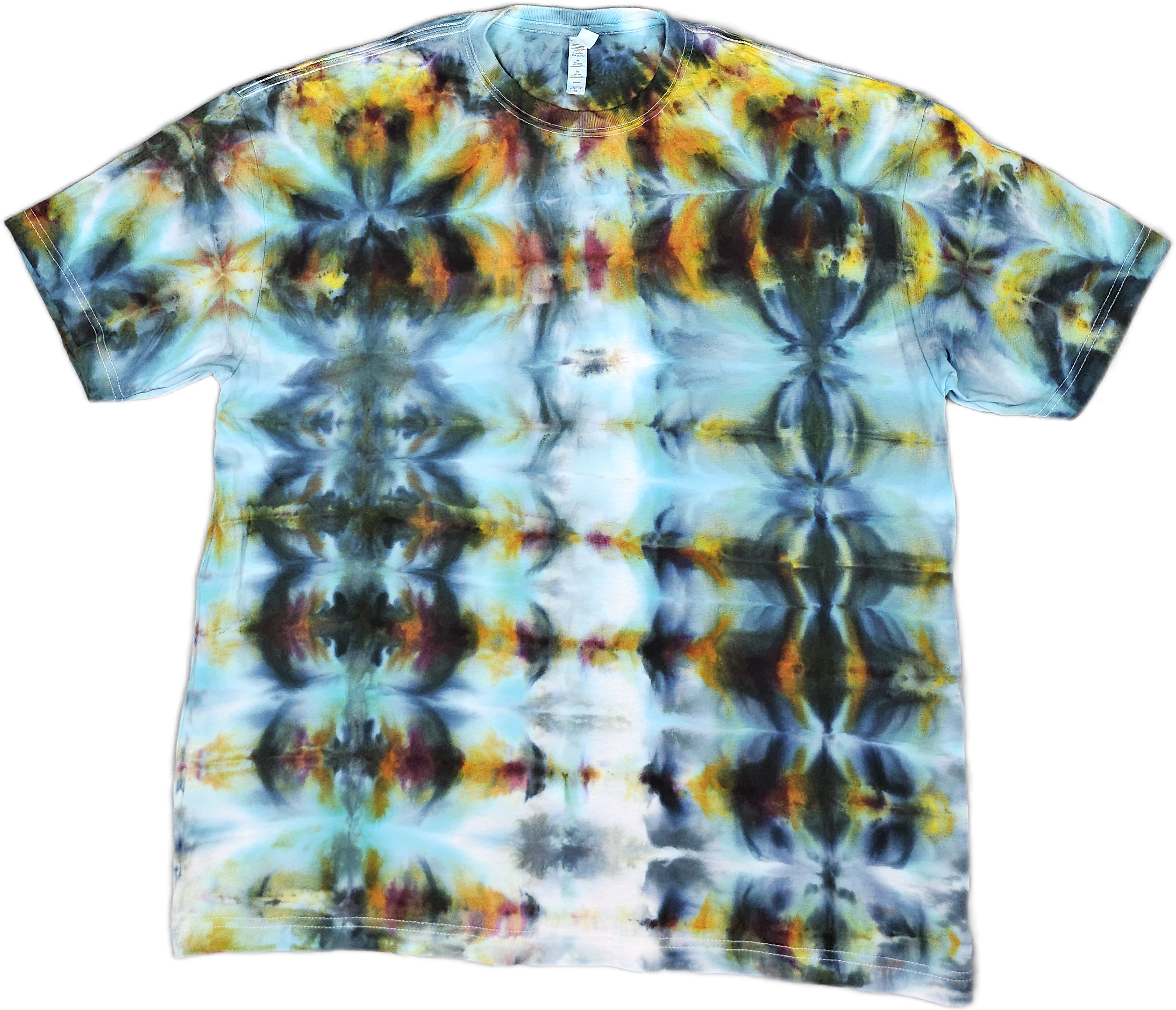 A Bella + Canvas tie-dye T-shirt with a vibrant, colorful swirl pattern featuring hues of blue, yellow, black, orange, and white.