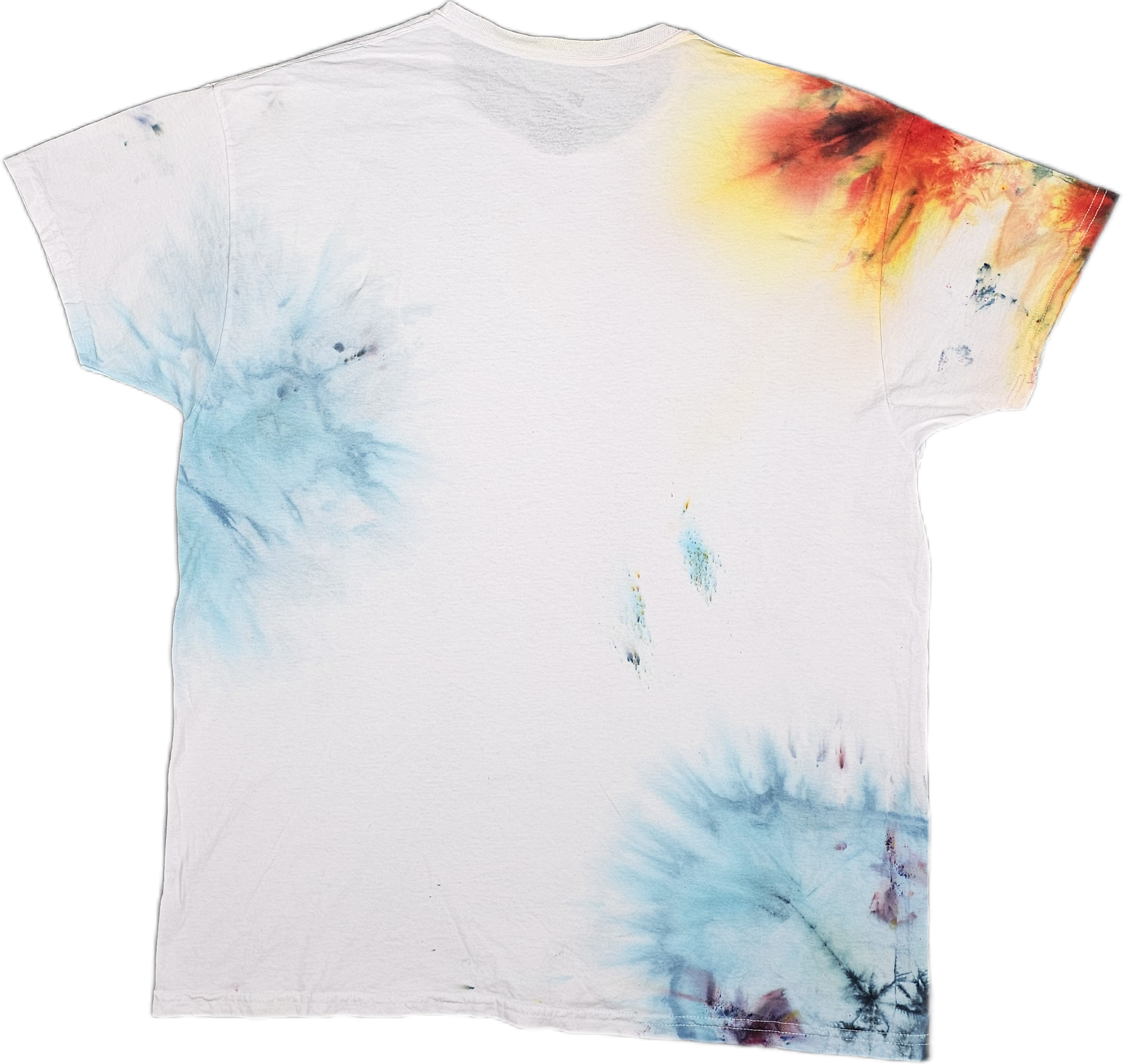White T-shirt with a watercolor mountain and sunset scene in red, yellow, blue, and green colors.