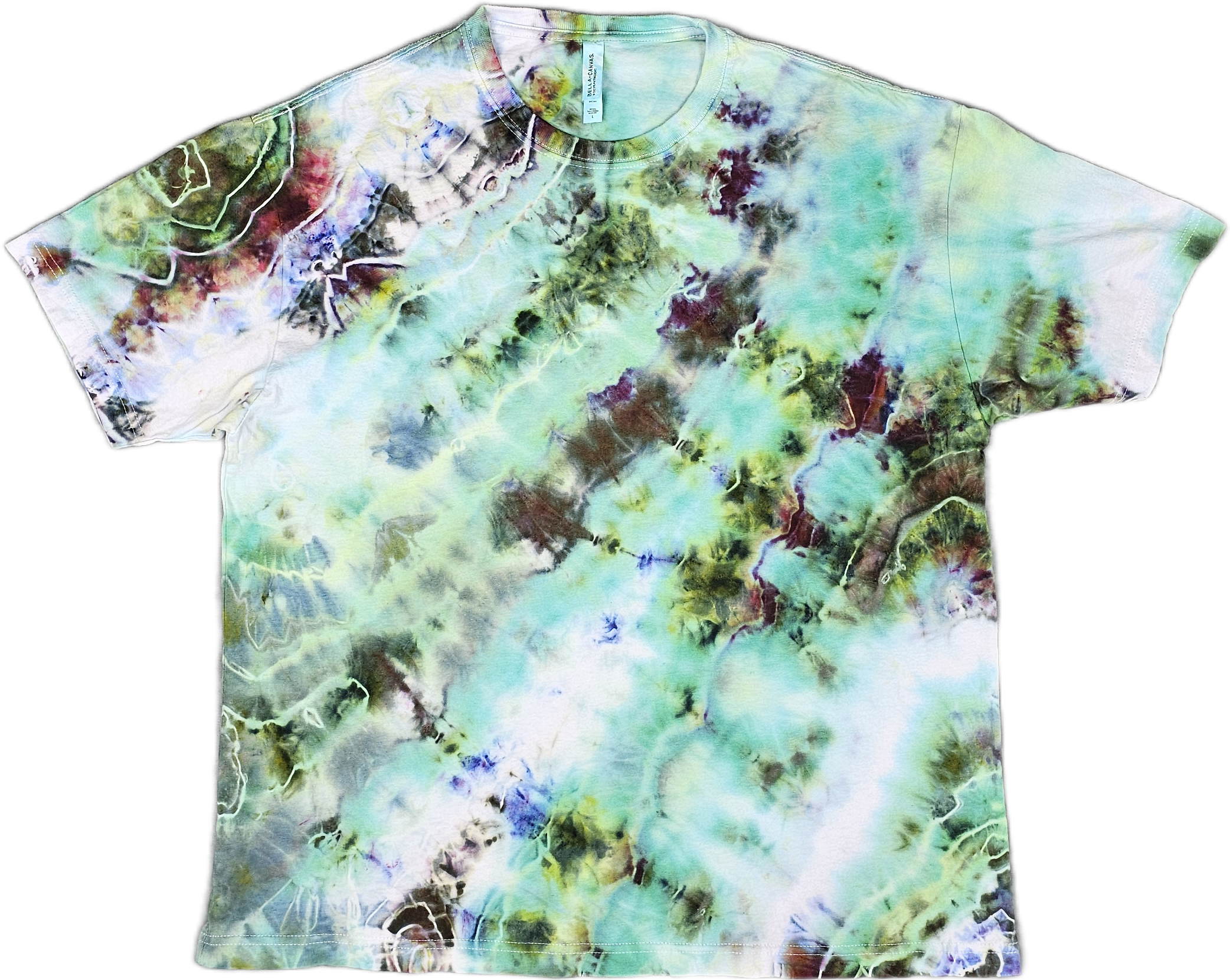 A Bella + Canvas  tie-dye t-shirt with swirls of blue, green, black, and purple colors.