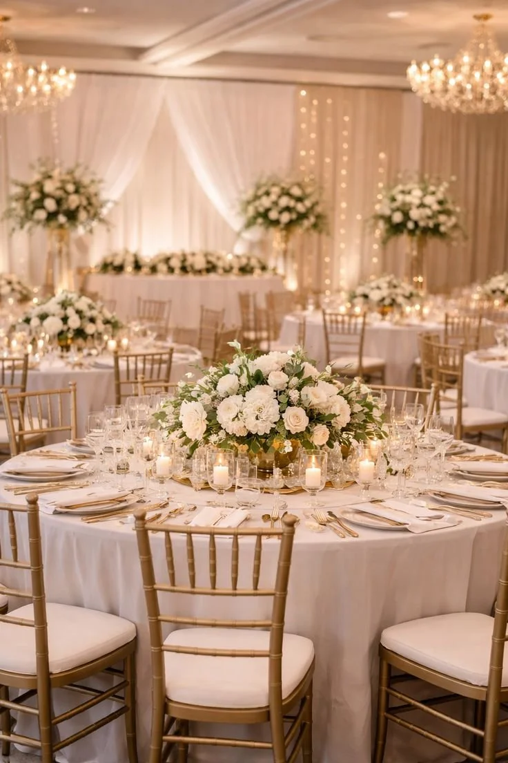 Elegant banquet hall decorated with white flowers and candle lighting, set for a formal event.