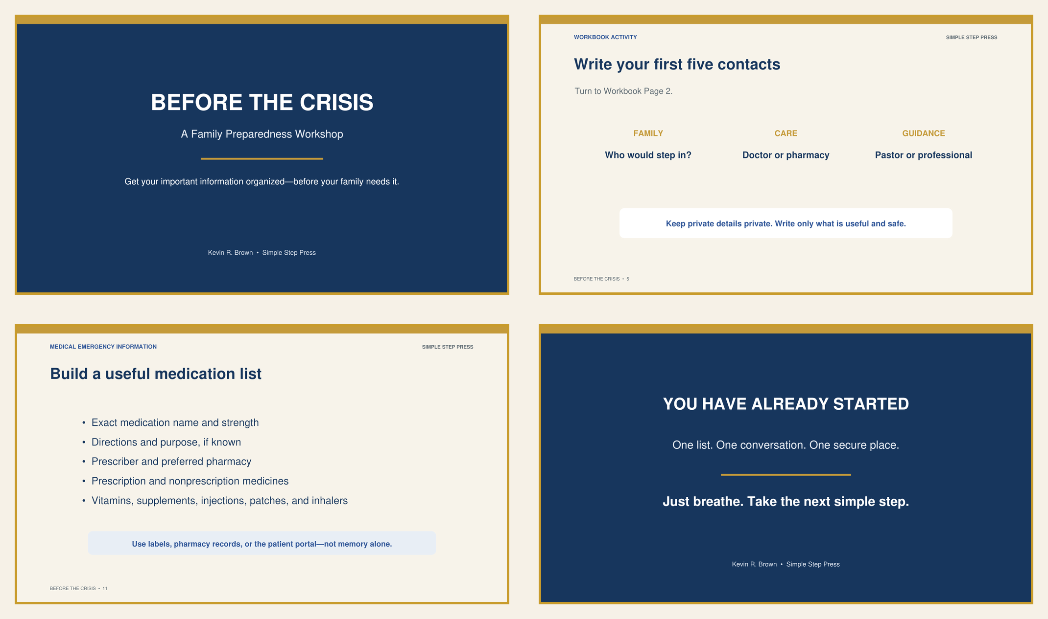 Four sample slides from the Before the Crisis workshop