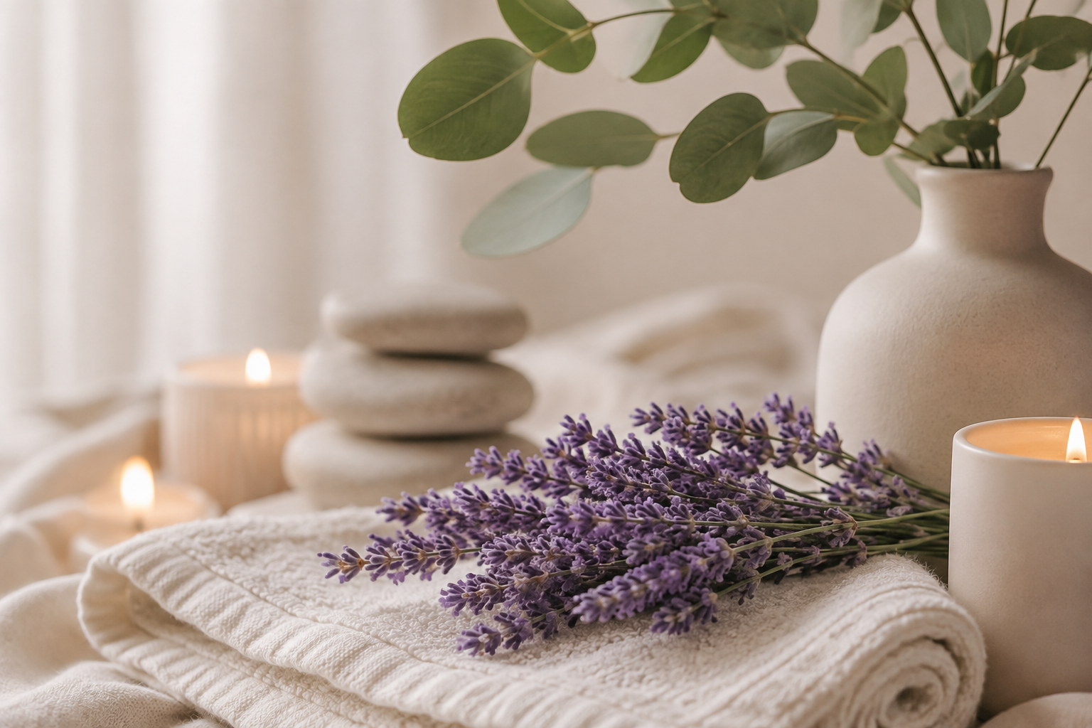 A cozy spa or relaxation scene with folded towels, lavender flowers, candles, a white vase with eucalyptus leaves, and smooth stones on a soft fabric surface.