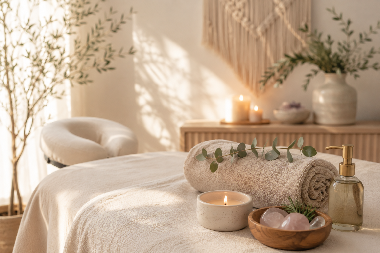A massage table with rolled towel and greenery in a spa room with candles, stones, and a vase with plants in the background.