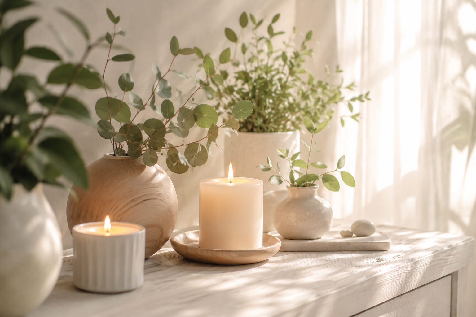 Decorative scene with potted green plants, lit candles, and rocks on a light wood table, sunlight through curtains in background