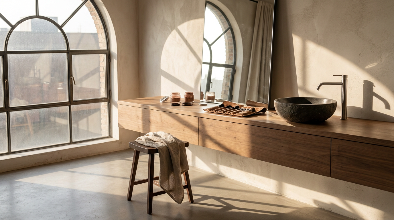 A bright and airy bathroom with large arched windows, a wooden vanity with a stone vessel sink, a mirror, and some jars and towels on the counter. A stool has a towel draped over it.