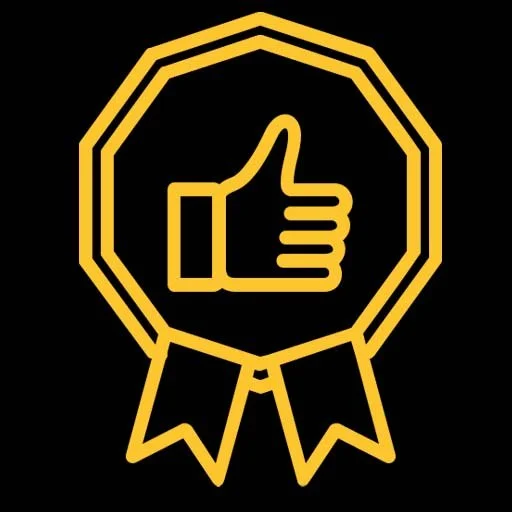 Gold thumbs-up icon inside a ribbon badge on a black background.