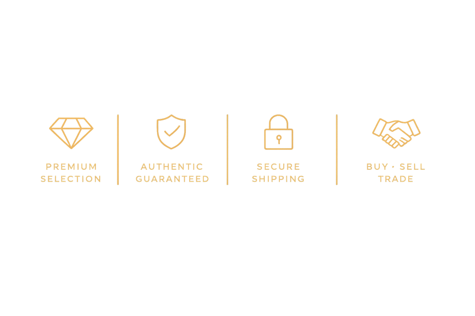 Infographic with icons and text highlighting benefits: premium selection, authentic guaranteed, secure shipping, buy sell trade.
