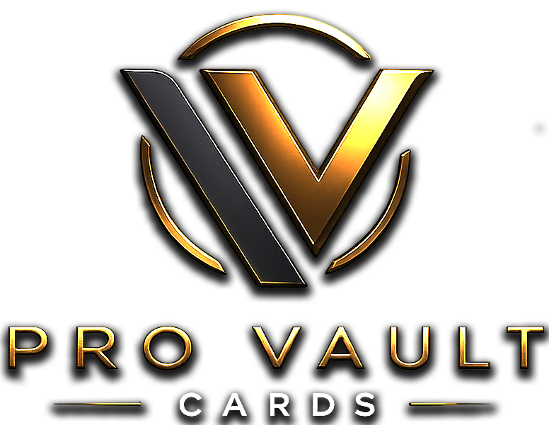 A black background with a gold and silver metallic logo of a stylized 'V' inside a circle, with 'Pro Vault Cards' written below.