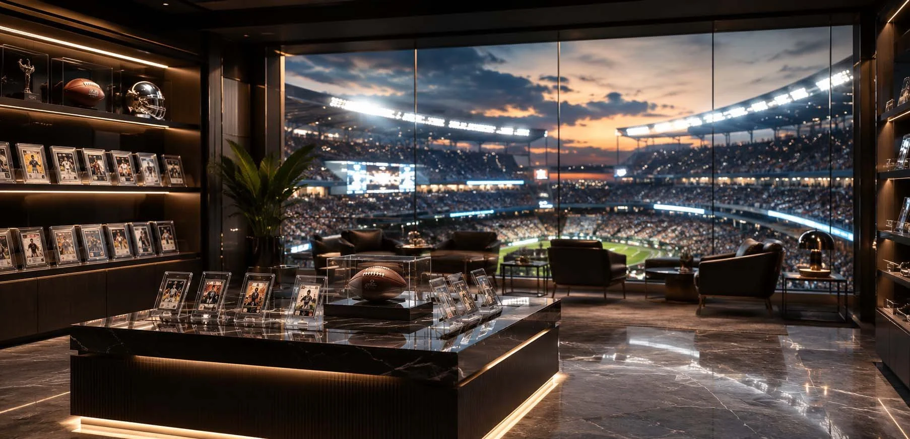 Luxurious suite with large window view of a football stadium at sunset. The room features framed photographs, football memorabilia, leather chairs, a glass display with a football, plants, and modern lighting.
