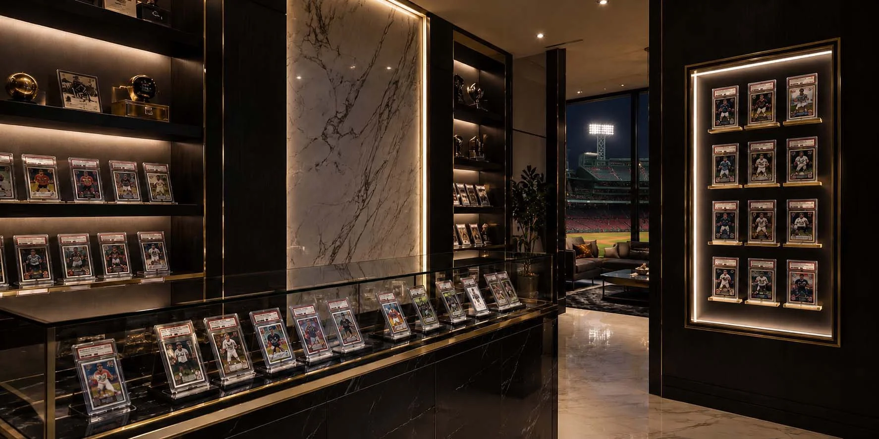 Luxury room with American football trading cards displayed on black shelves and glass cases, overlooking a stadium at night.
