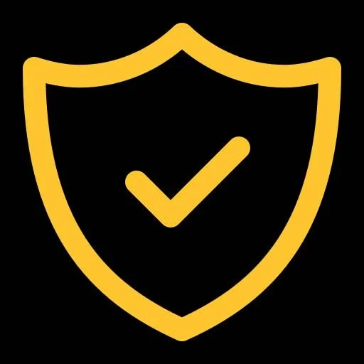 Black shield with a yellow border and a yellow checkmark in the center.
