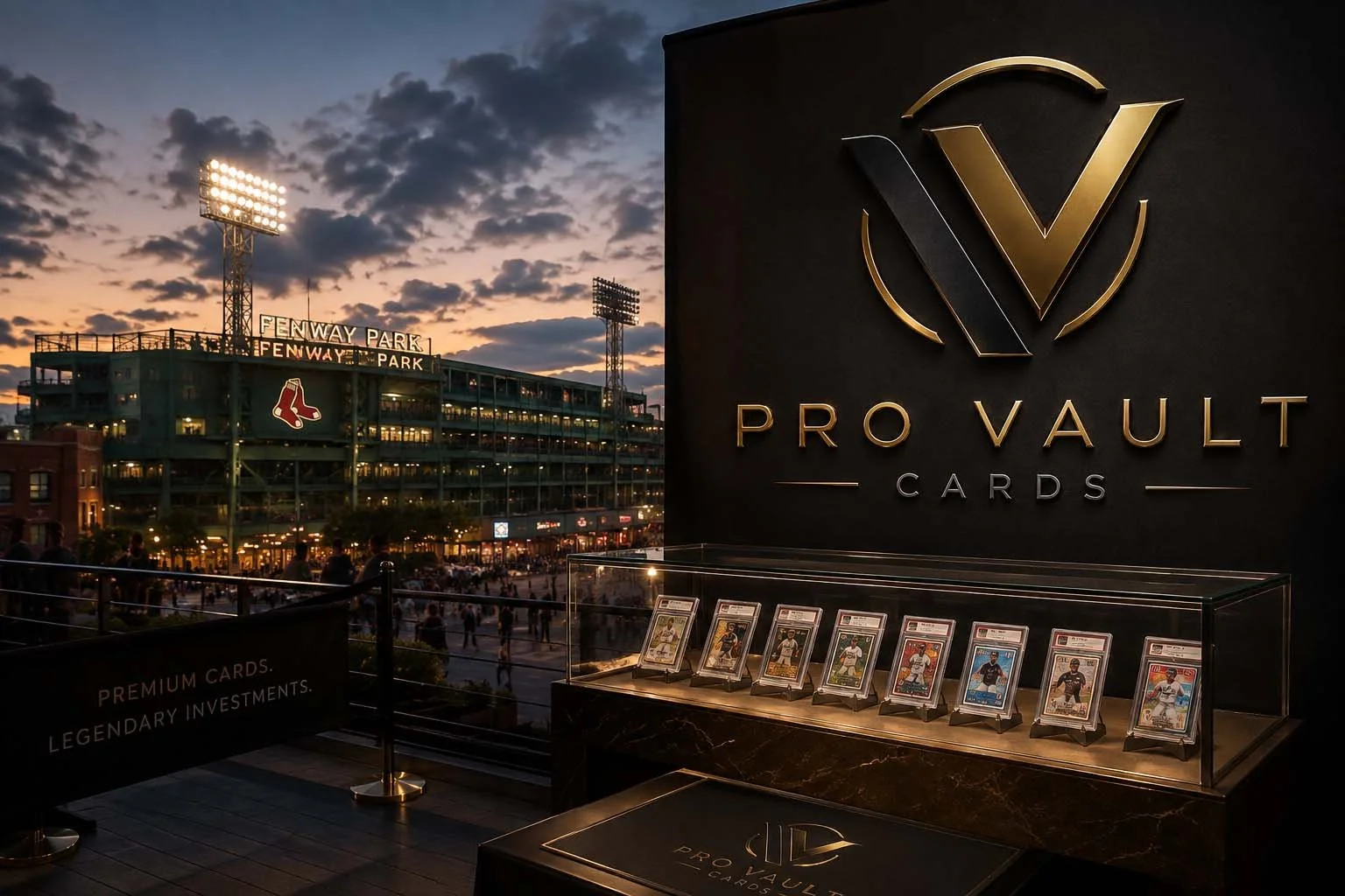 A display of collectible sports cards at Pro Vault Cards store, with Fenway Park baseball stadium in the background during sunset.