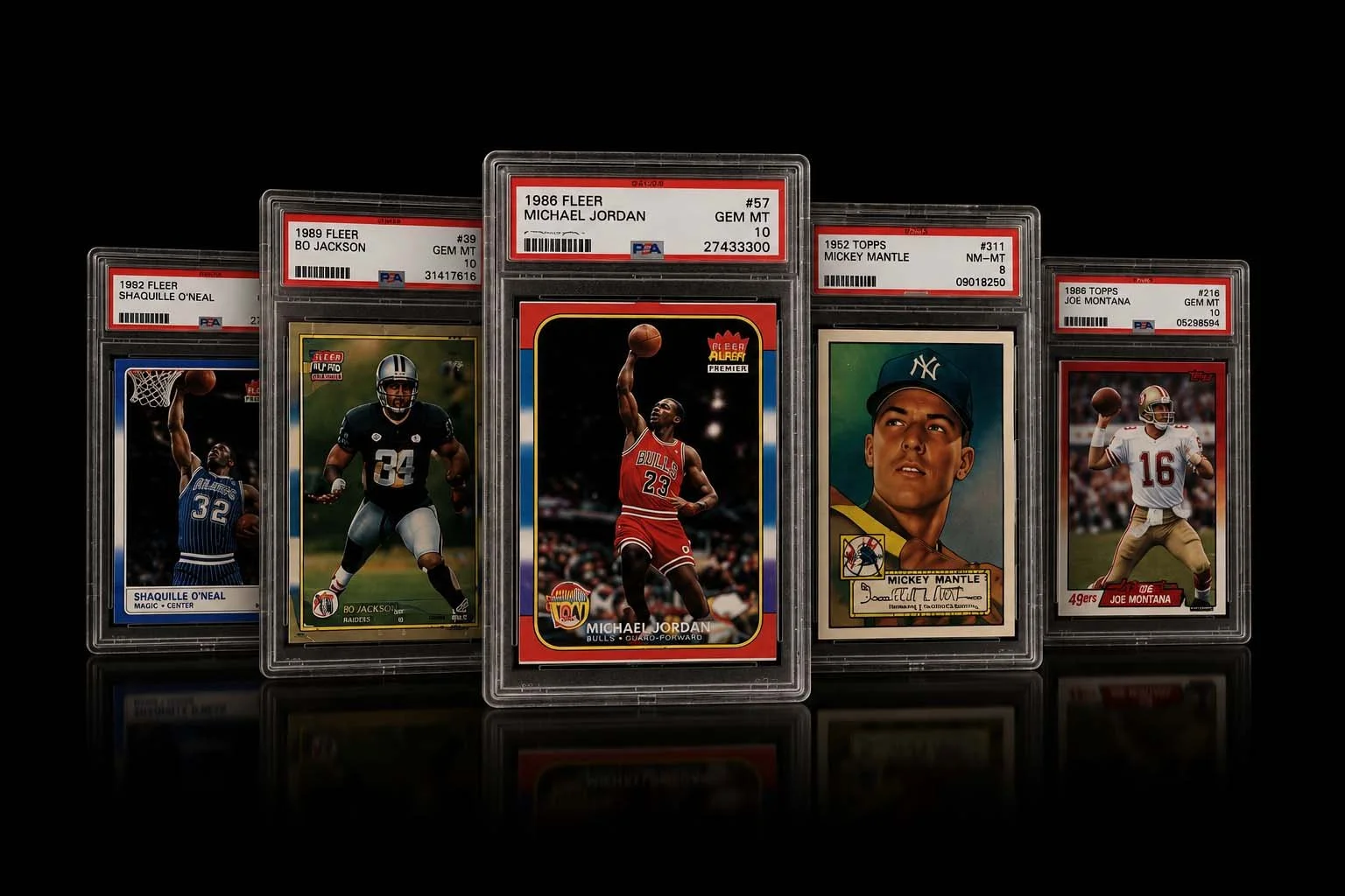 Collection of five vintage sports trading cards featuring basketball and football players, each graded and encased in protective plastic, displayed against a black background.