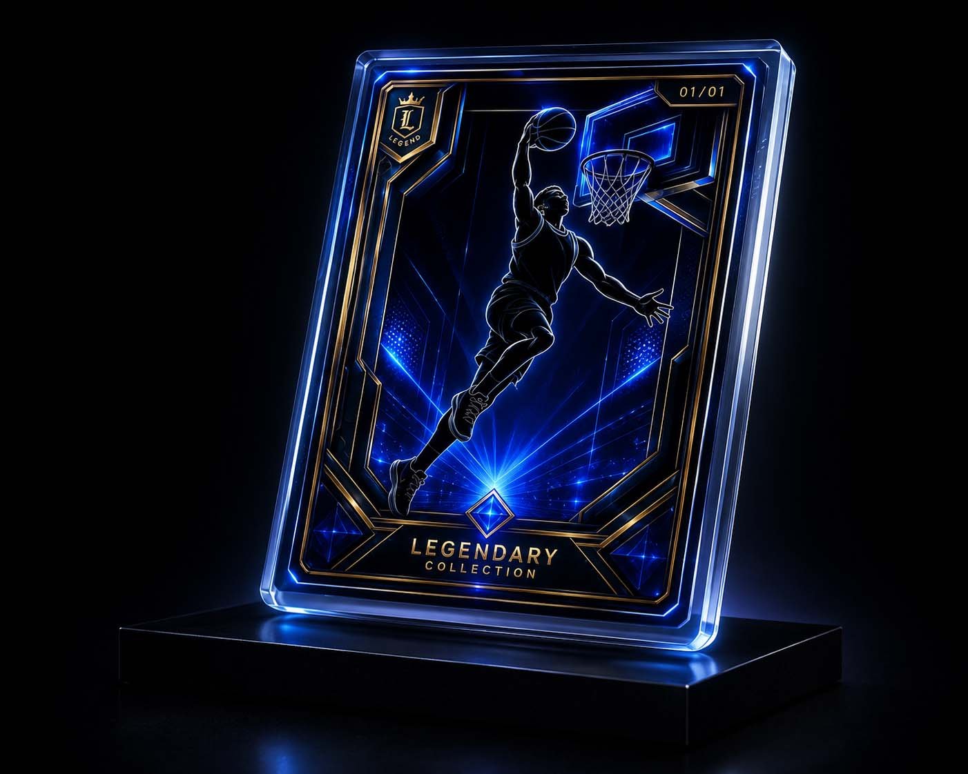 A digital illustration of a basketball player jumping towards the hoop, with neon blue and gold accents, labeled as "Legendary Collection".