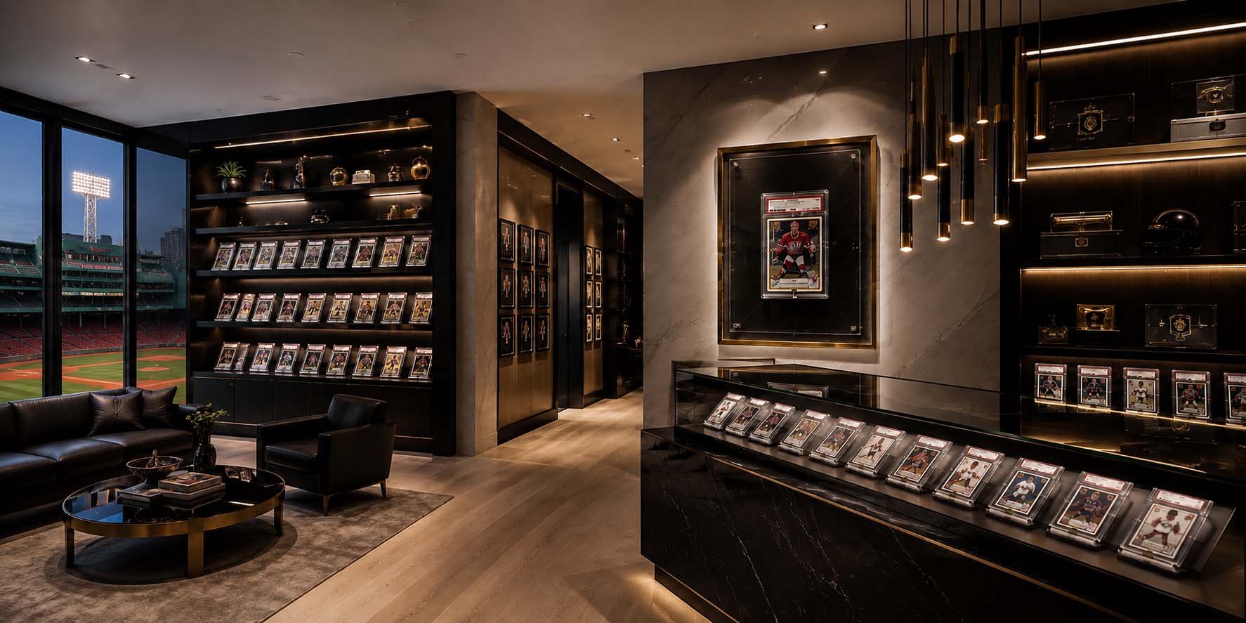 Luxury room with sports memorabilia including framed hockey cards, collectibles on shelves, and a large framed hockey image on the wall, with floor-to-ceiling windows overlooking a stadium.