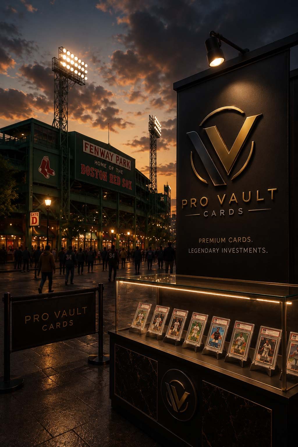 Nighttime scene outside Fenway Park, home of the Boston Red Sox, with stadium lights on, people walking, and a sign for Pro Vault Cards displaying sports trading cards.