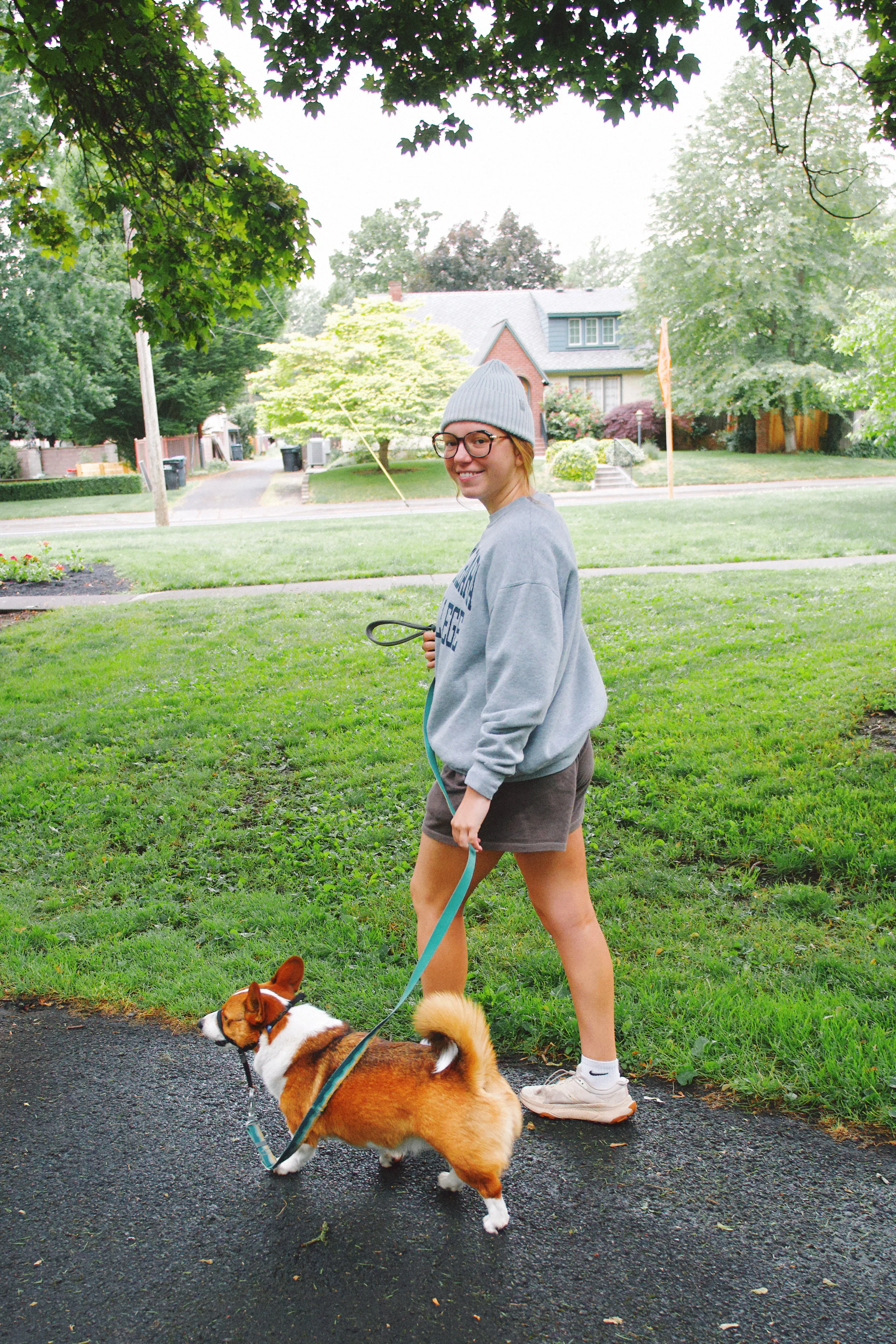 A young woman in a gray hoodie and shorts walking her corgi dog on a leash in a residential neighborhood park with green lawns and trees.