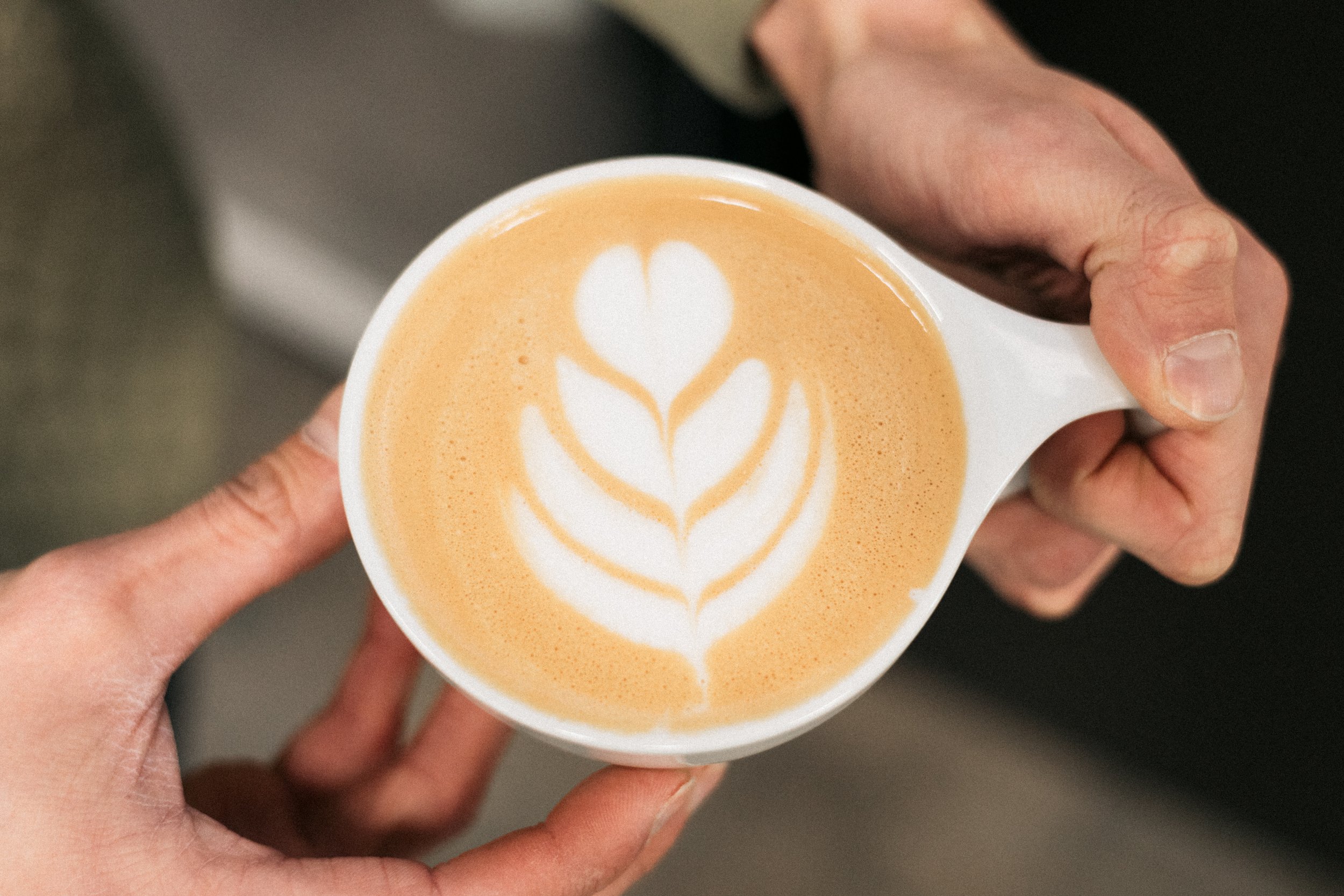 A person holding a cup of coffee with latte art in the shape of a flower.