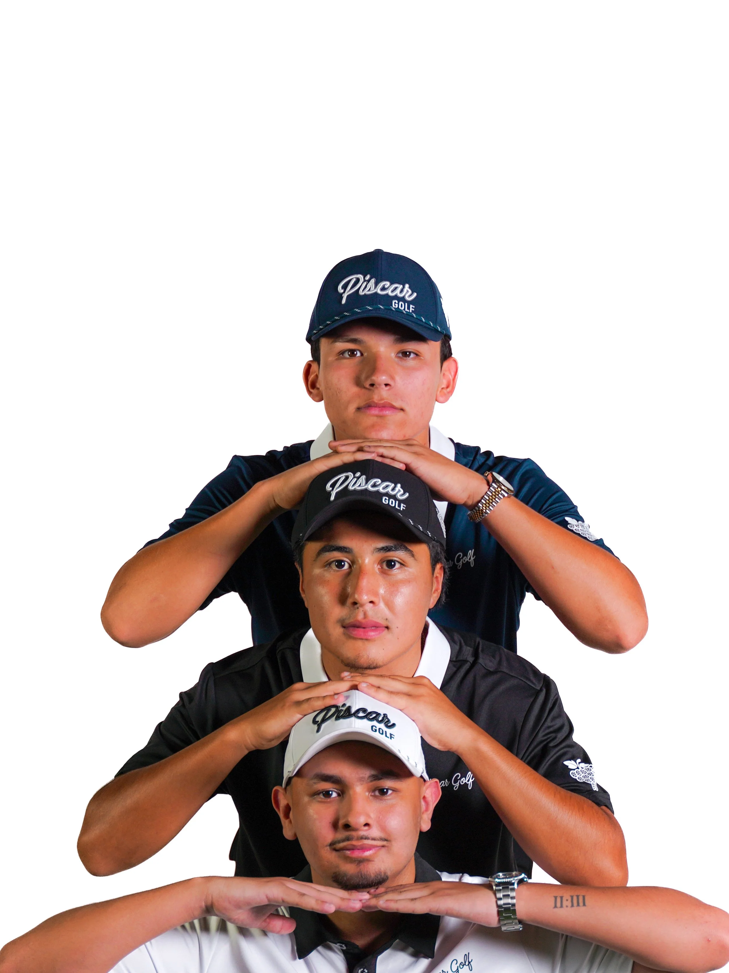 A group of three young men stacked in a pyramid pose with their hands under their chins, wearing Piscar Golf polos and hats with the 'Piscar Golf' logo, against a white background.