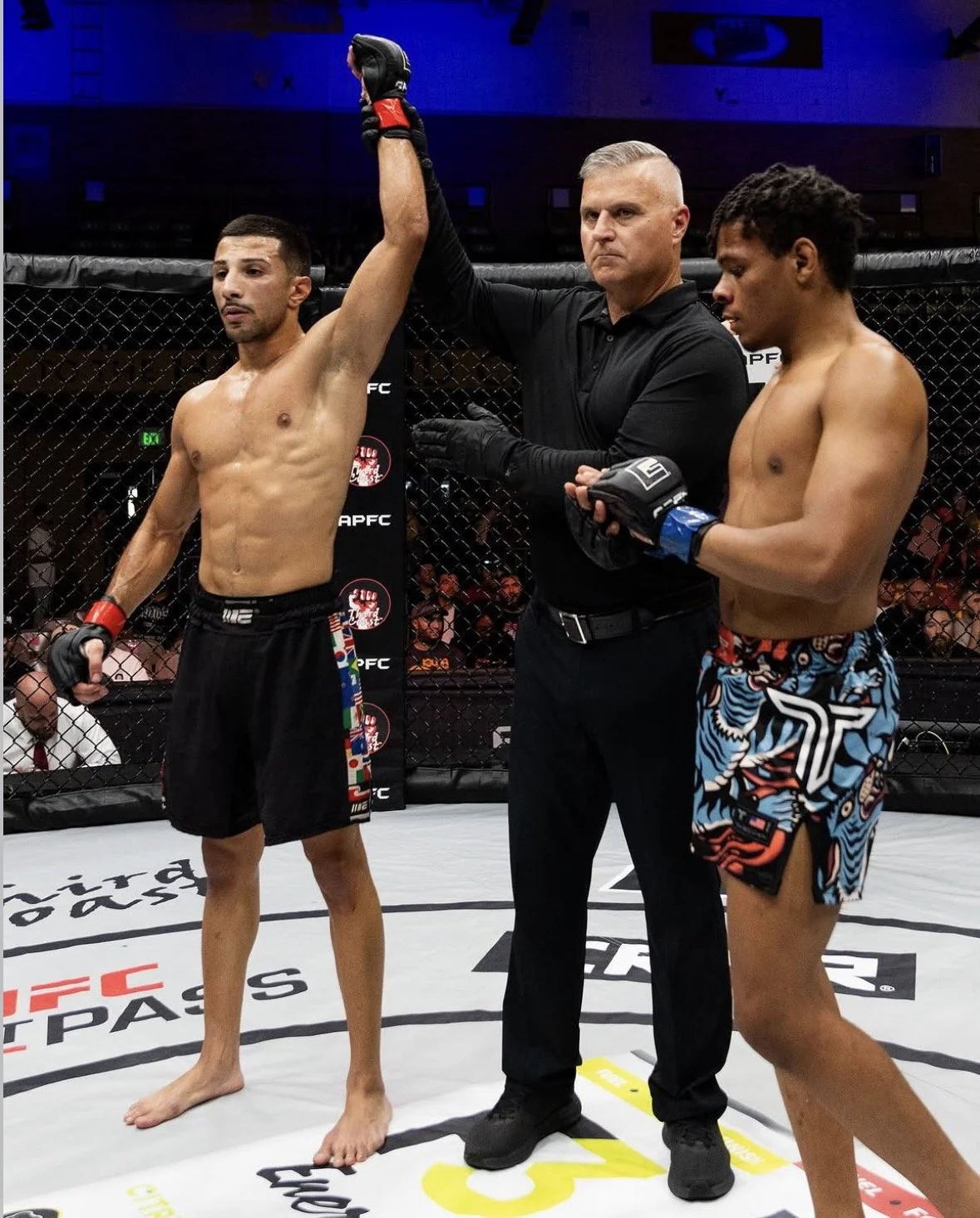 Mixed martial arts fighters in the octagon with a referee raising one fighter's arm in victory after a match.