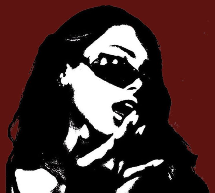 Stylized black and white portrait of a woman wearing sunglasses against a dark red background.