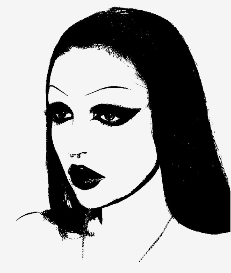 Black and white digital illustration of a woman with long dark hair, dark makeup, a septum piercing, and a serious expression.