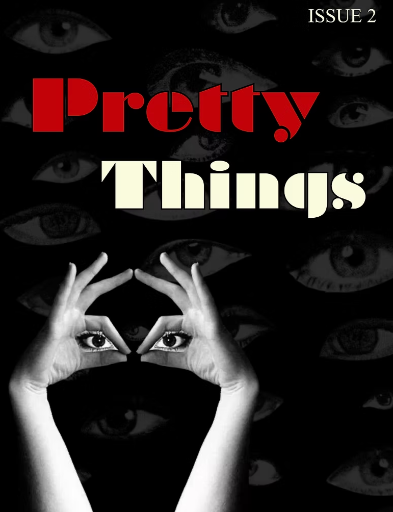 Black and white image with hands forming a frame around eyes, with large eyes in the background. Text reads 'Pretty Things' with 'Issue 2' in the top right corner.