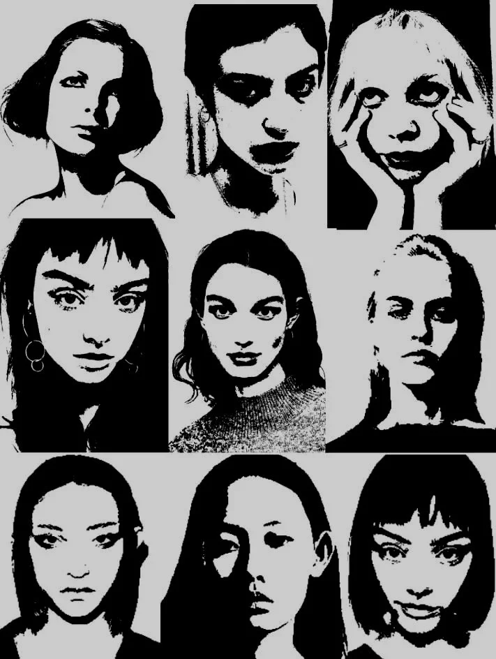 Black and white collage of nine women with varying hairstyles and expressions.