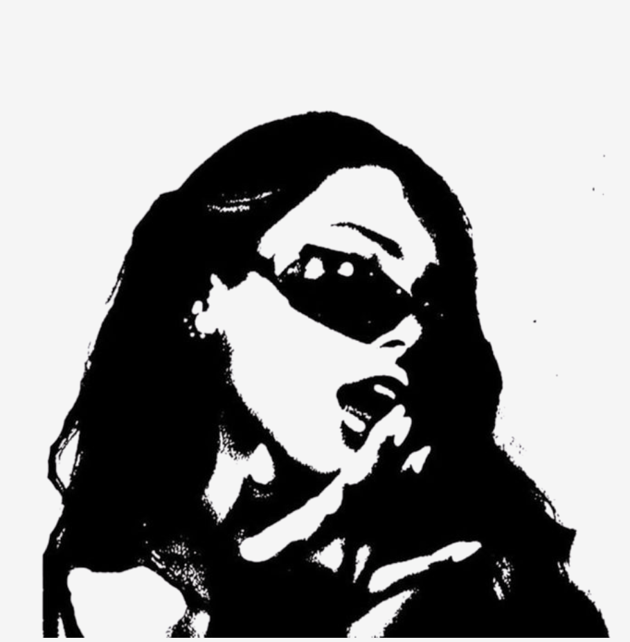 Black and white illustration of a woman with long hair wearing glasses, appearing to have her finger near her lips in a thoughtful pose.