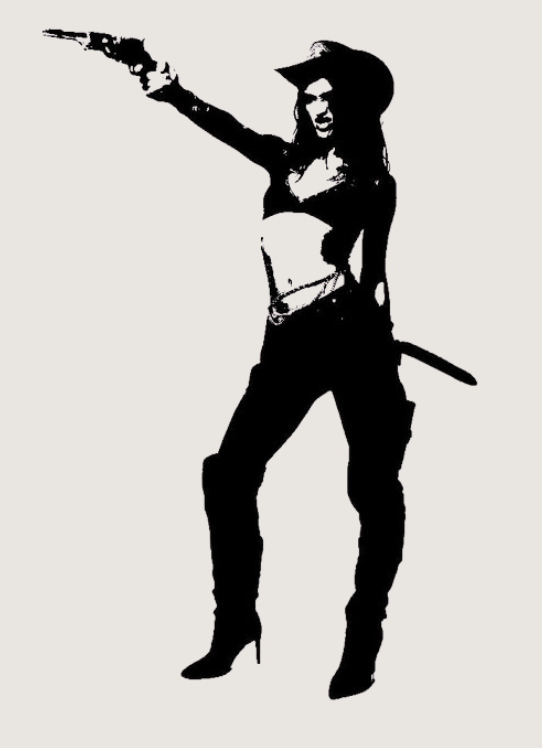 Silhouette of a woman wearing a cowboy hat, pointing a gun with her right hand, holding a baton or stick in her left hand, dressed in western attire with a belt and chaps.