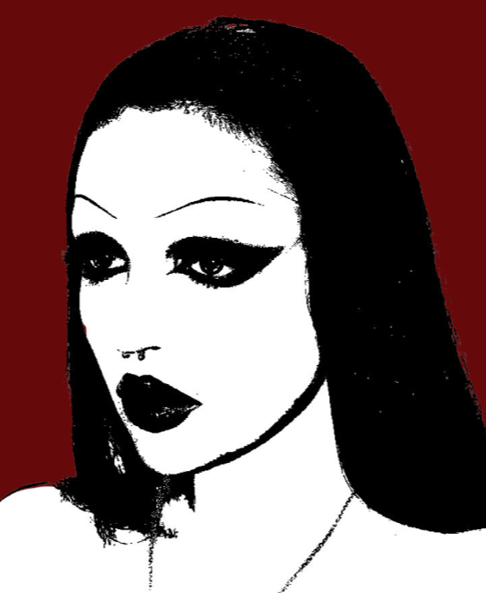 Stylized black and white portrait of a woman with dark eye makeup, dark lipstick, and dark hair against a red background.