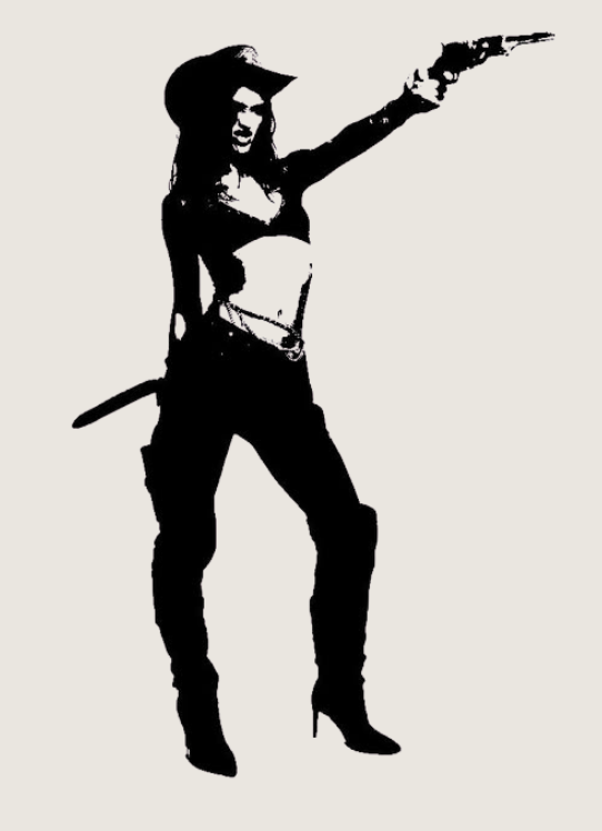 Silhouette of a woman in a cowboy hat, crop top, and pants, holding a gun in an outstretched arm.