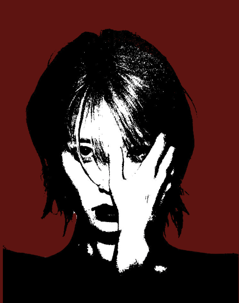 Black and white stylized portrait of a woman with short hair, covering one eye with her hand, against a dark red background.