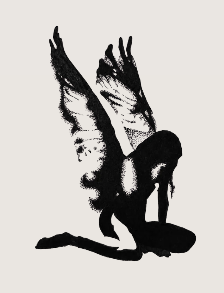 A silhouette of a woman with butterfly wings, crouching on the ground with her head bowed.