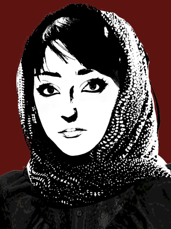 Black-and-white illustrated portrait of a woman wearing a patterned headscarf against a dark red background.