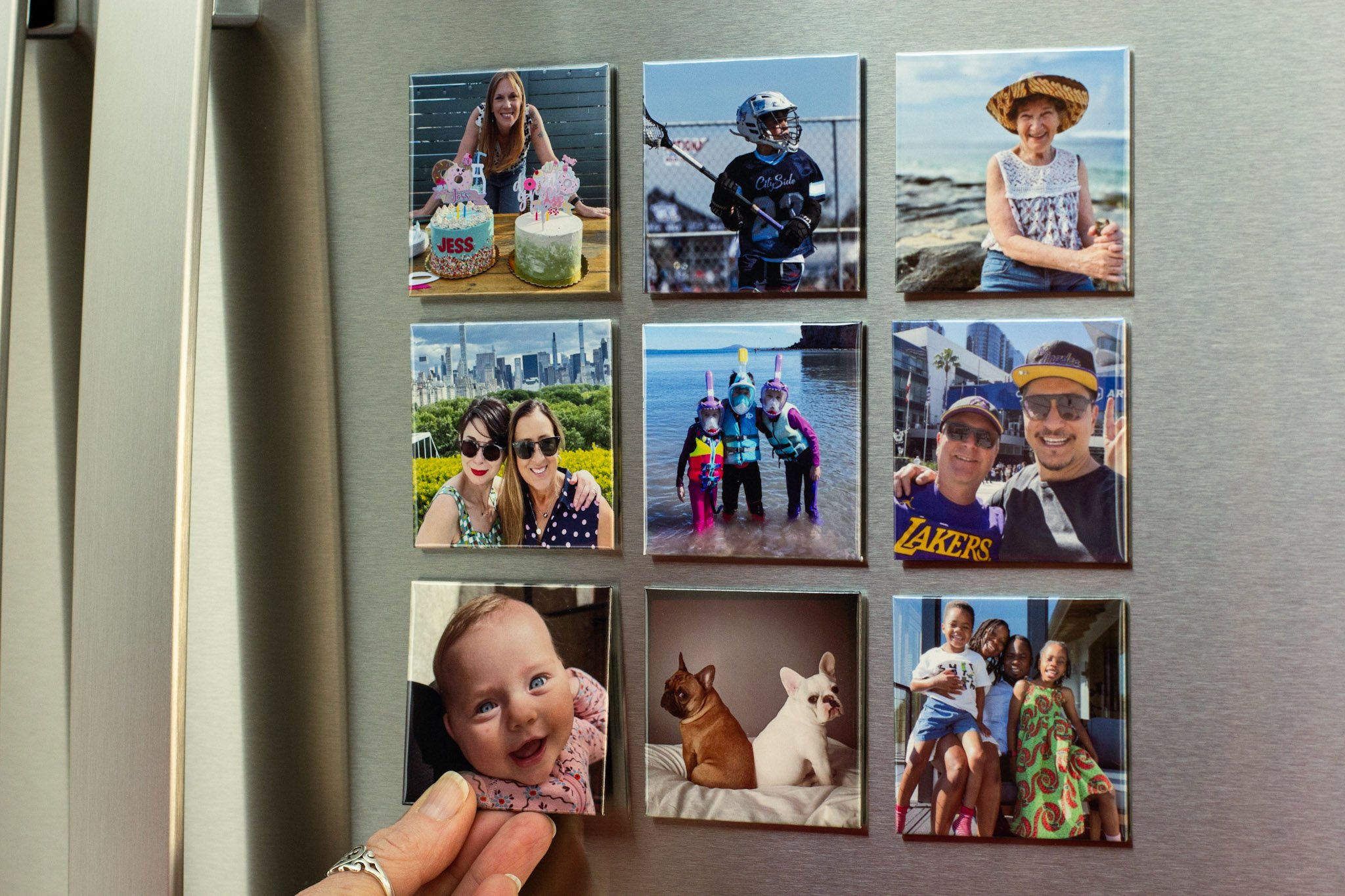 A collage of several photographs featuring people, dogs, and cityscapes. The top left photo shows a woman with long hair celebrating with birthday cakes. The top middle is a young hockey player in gear. The top right shows an elderly woman in a floral dress and sun hat by rocks at the beach. The bottom left depicts two women with sunglasses overlooking a city skyline. The bottom middle has three people in snorkeling gear near the water. The bottom right features two men, one in a Lakers jersey, posing outdoors.